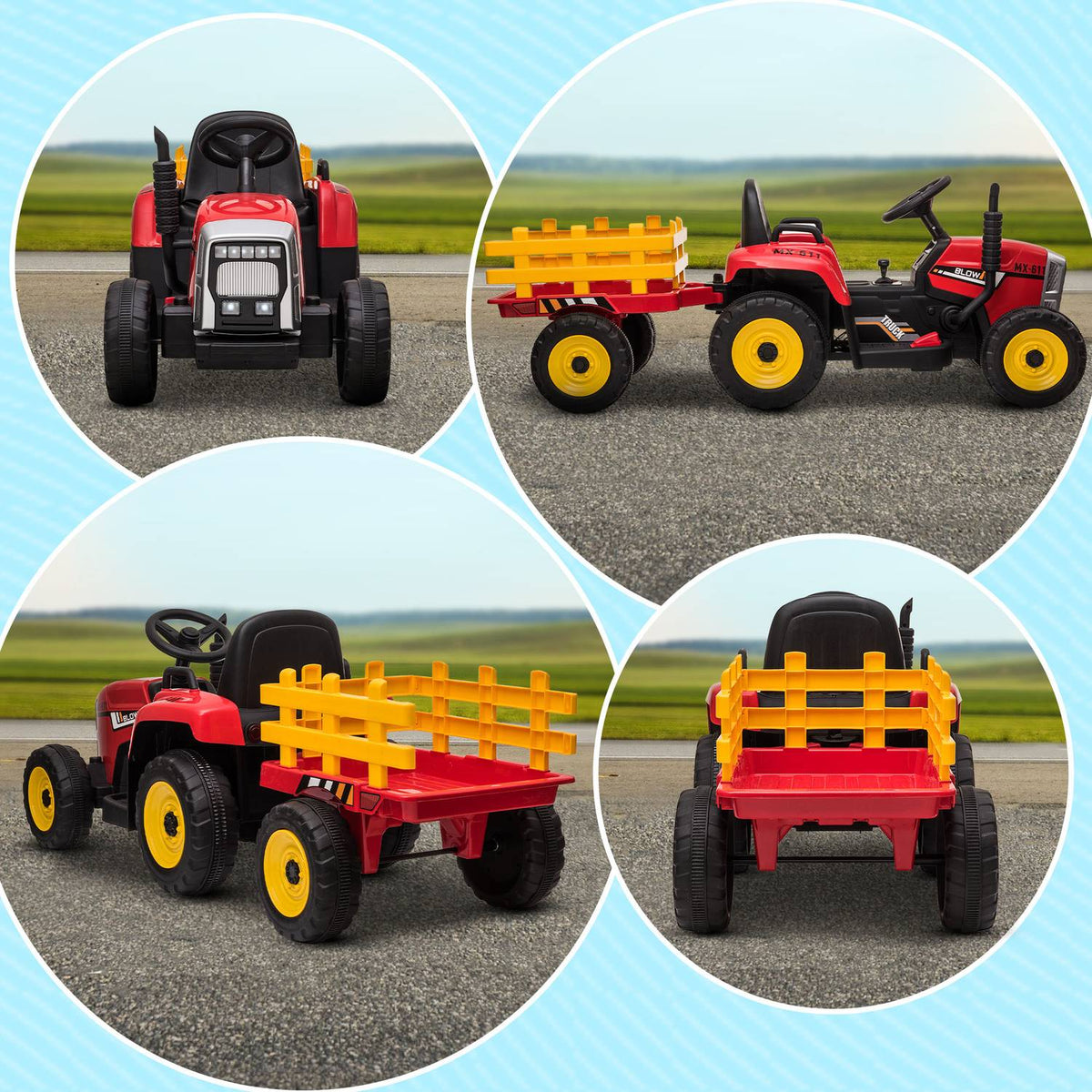 Electric Tractor Children'S Electric Car With Trailer, Remote Control, Mp3, Headlight, 3-6Km/H, Red