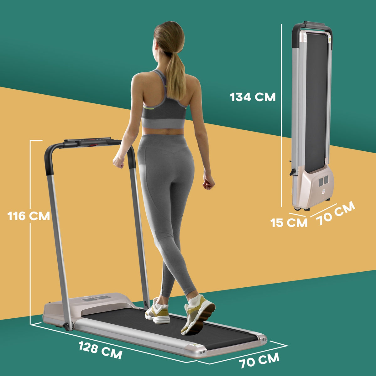 Electric Treadmill With Lcd Display, Foldable Fitness Machine, 1-10 Km/H, Steel, Black+Grey+Champagne, 70X128X116 Cm