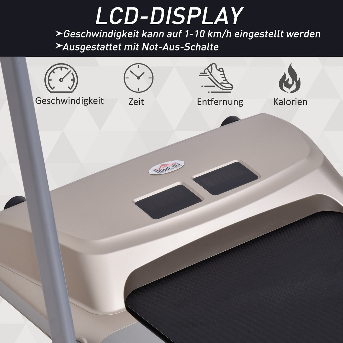 Electric Treadmill With Lcd Display, Foldable Fitness Machine, 1-10 Km/H, Steel, Black+Grey+Champagne, 70X128X116 Cm