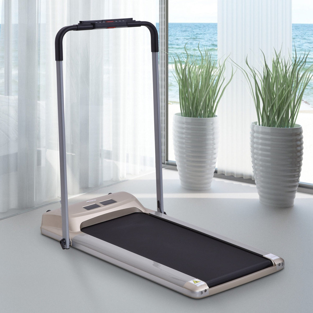 Electric Treadmill With Lcd Display, Foldable Fitness Machine, 1-10 Km/H, Steel, Black+Grey+Champagne, 70X128X116 Cm