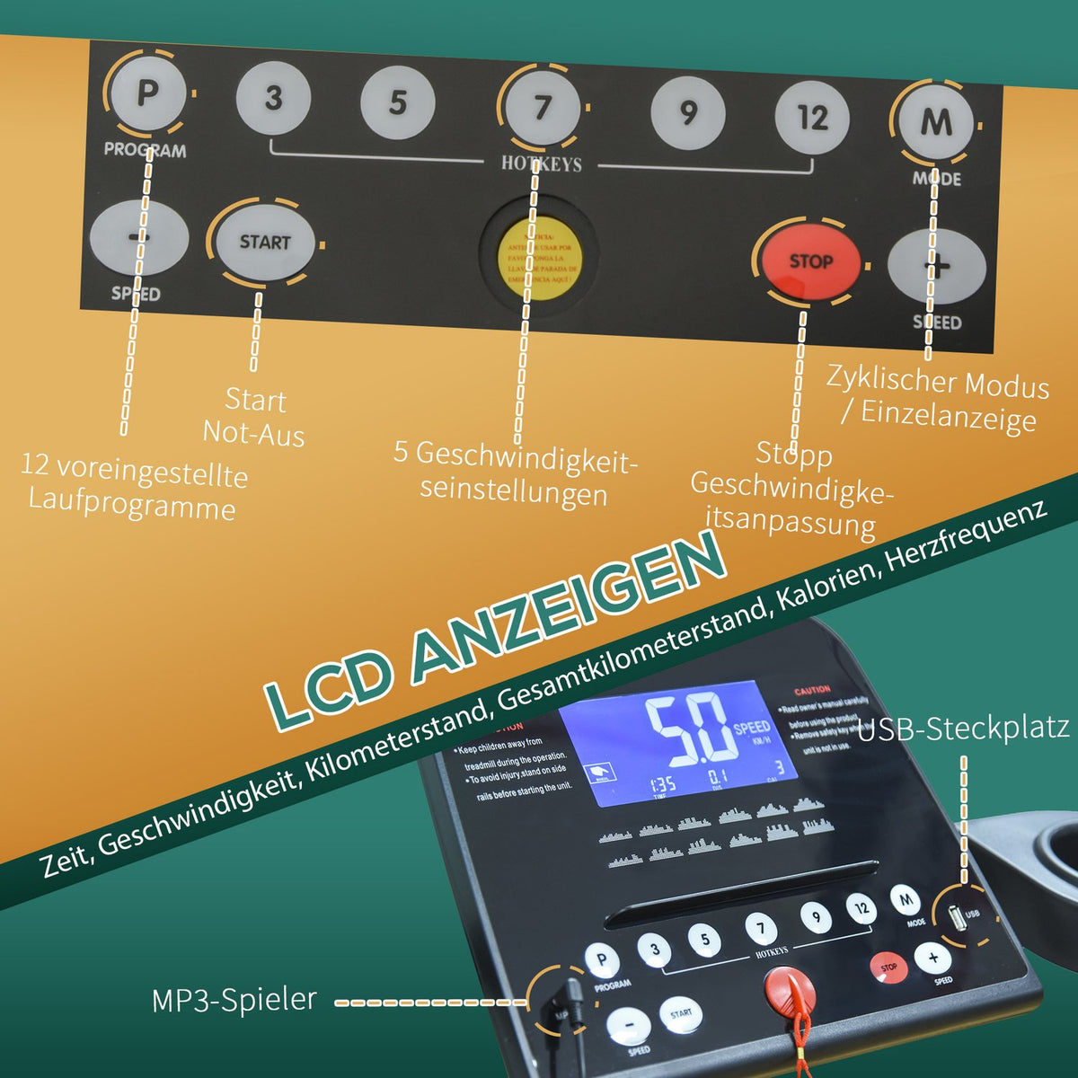Electric Treadmill With Lcd Display, Usb & Mp3 Player, Foldable Fitness Machine, 1-14 Km/H, Steel, Black, 54X101X105Cm