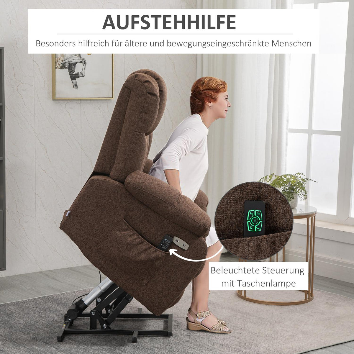 Electric Tv Chair With Stand Up Relax Chair With Remote Control With Power Cord 58W Brown Steel Polyester 92 X 95 X 107 Cm