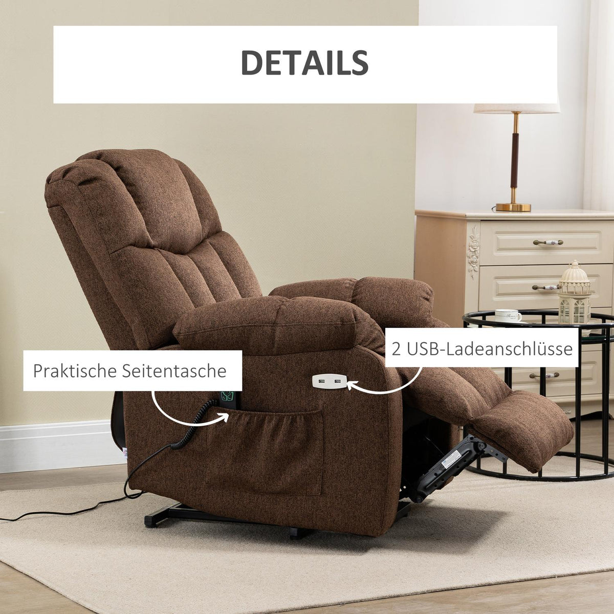Electric Tv Chair With Stand Up Relax Chair With Remote Control With Power Cord 58W Brown Steel Polyester 92 X 95 X 107 Cm