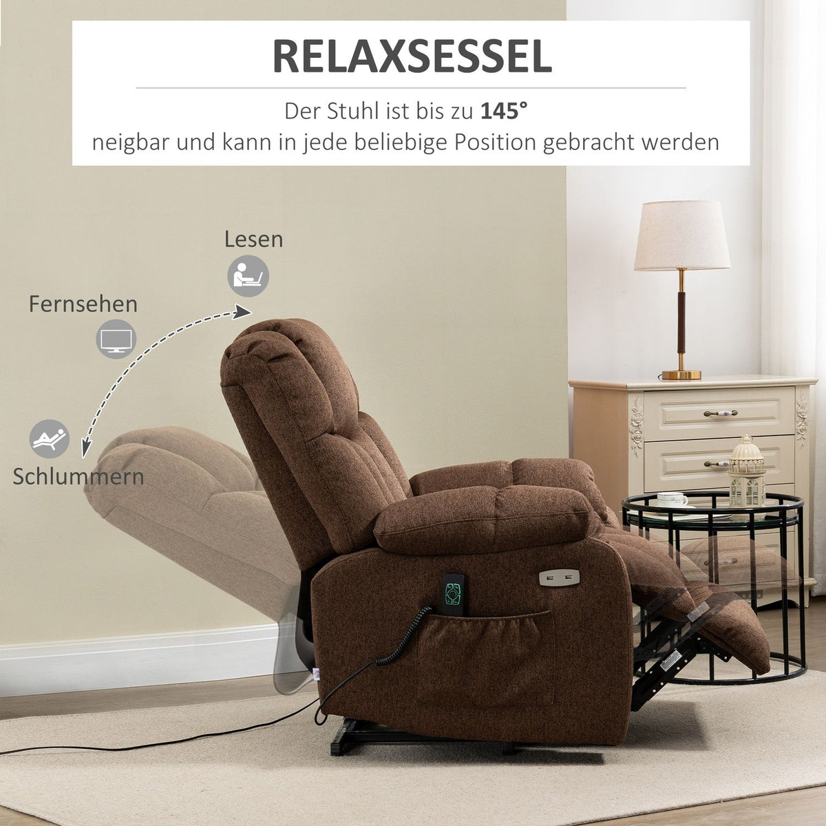 Electric Tv Chair With Stand Up Relax Chair With Remote Control With Power Cord 58W Brown Steel Polyester 92 X 95 X 107 Cm