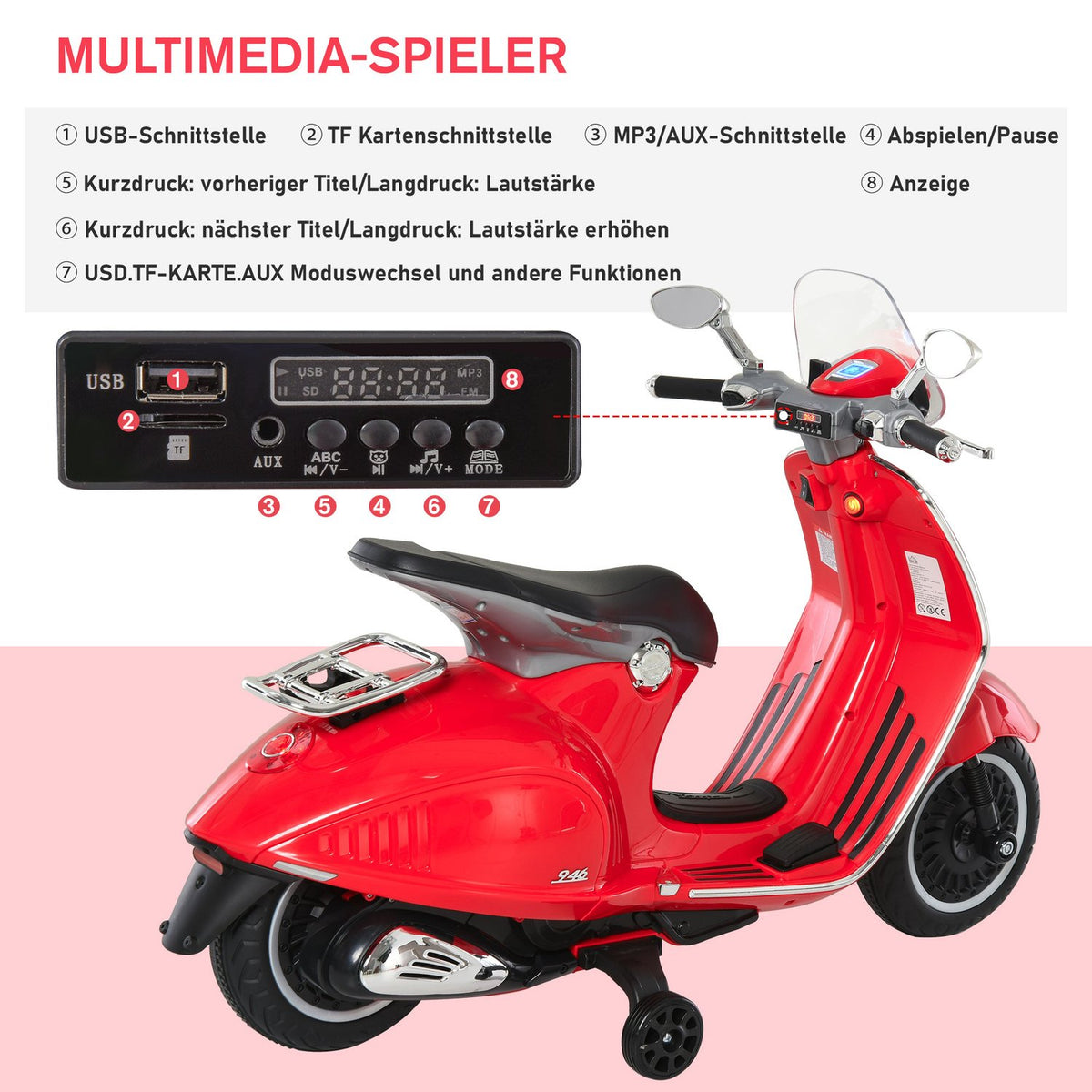 Electric Vehicle, Children'S Vehicle, Children'S Motorcycle, Electric Motorcycle With Mp3 Music Lighting, 3-6 Years, Pp, Red, 108 X 49 X 75 Cm
