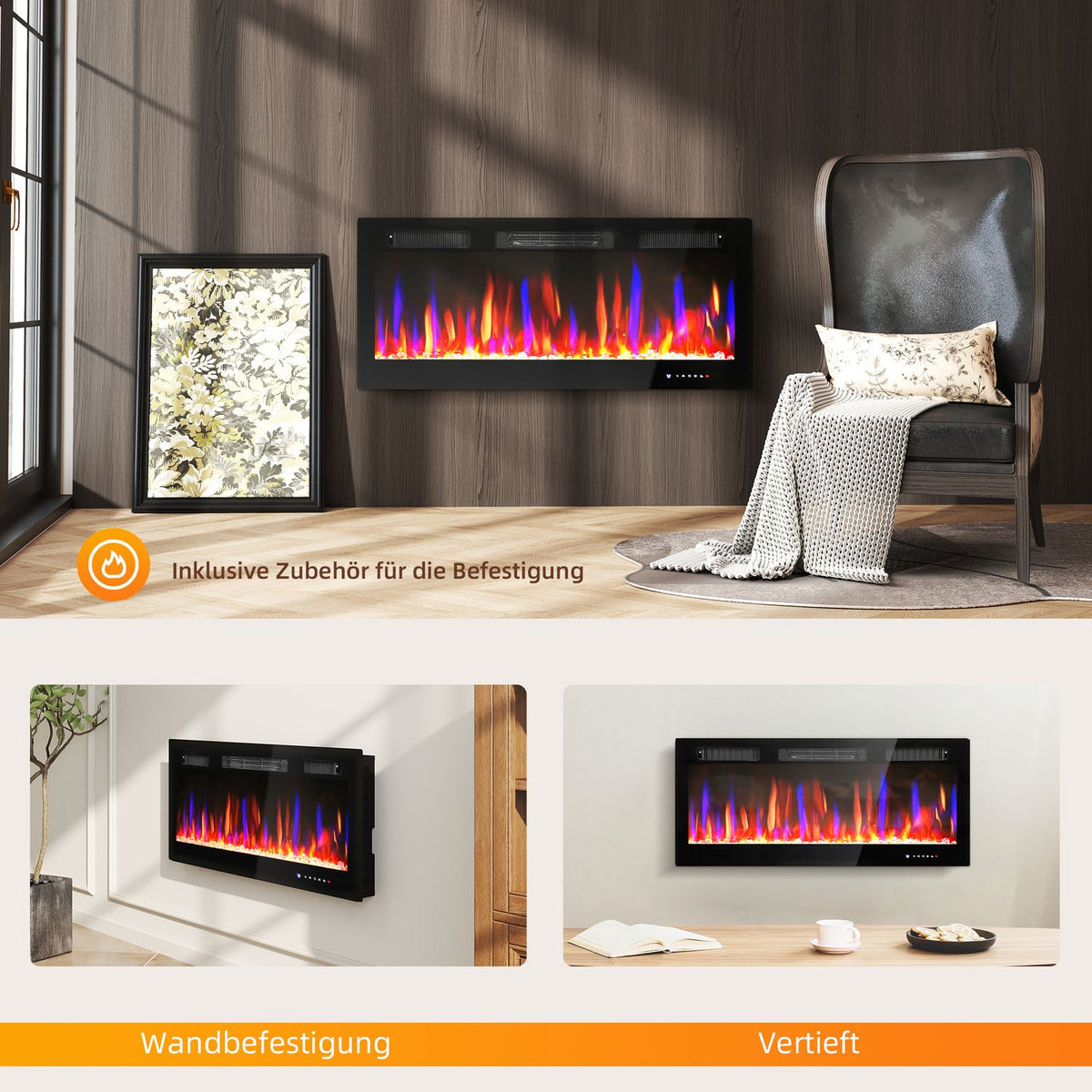 Electric Wall-Mounted Fireplace, Adjustable Flames, Timer