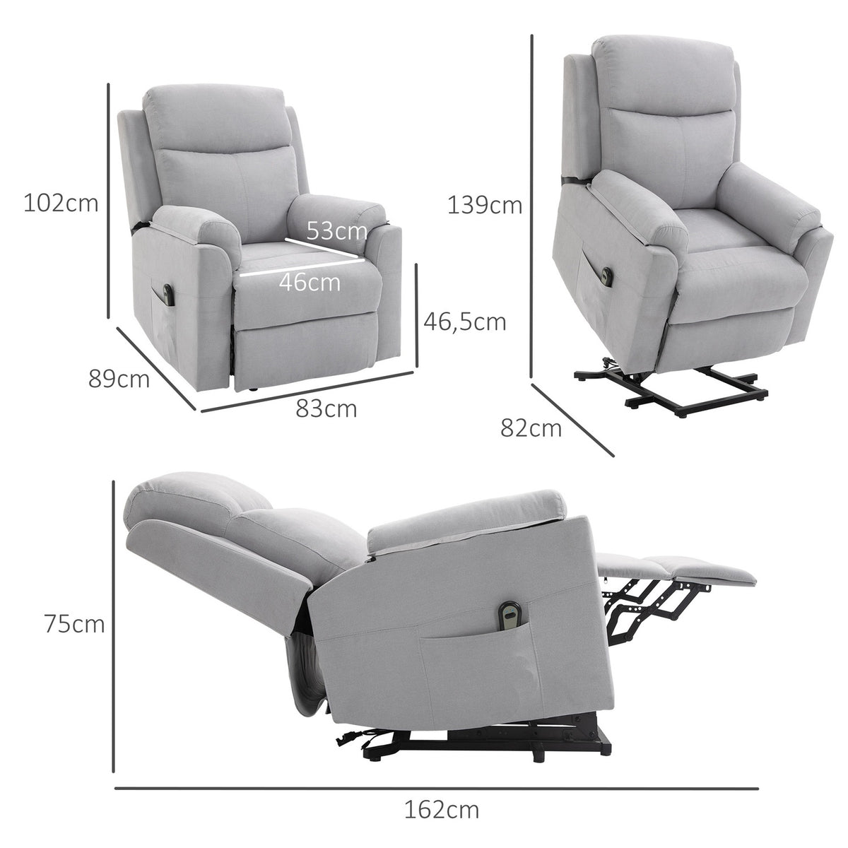 Electric armchair with stand-up aid stand-up chair for seniors reclining function linen touch light gray 83 x 89 x 102 cm