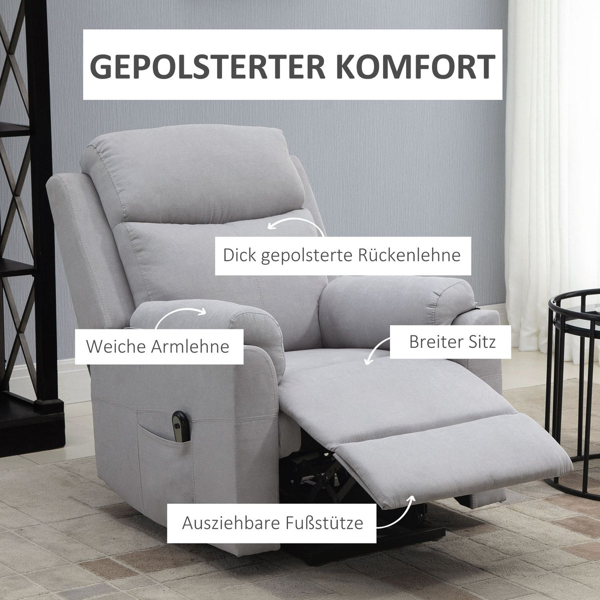 Electric armchair with stand-up aid stand-up chair for seniors reclining function linen touch light gray 83 x 89 x 102 cm