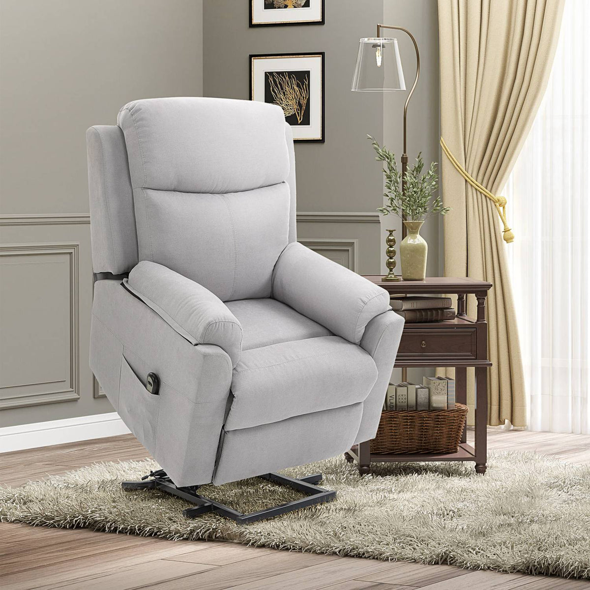 Electric armchair with stand-up aid stand-up chair for seniors reclining function linen touch light gray 83 x 89 x 102 cm