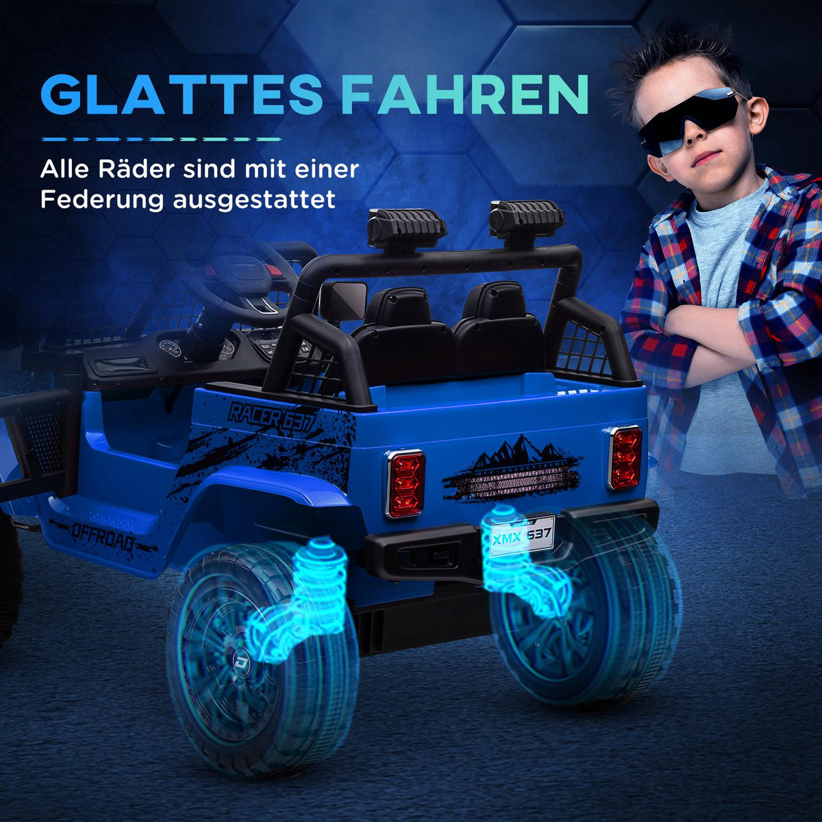 Electric children's car, 12 V 3-5 km/h off-road vehicle with music connection, children's vehicle with 2.4G remote control, headlight, horn, electric children's vehicle for children 3-6 years, blue