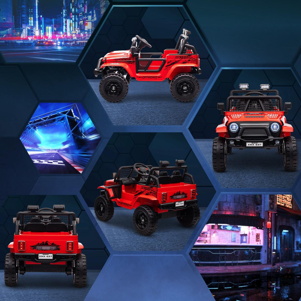 Electric children's car, 12 V 3-5 km/h off-road vehicle with music connection, children's vehicle with 2.4G remote control, headlight, horn, electric children's vehicle for children 3-6 years, red