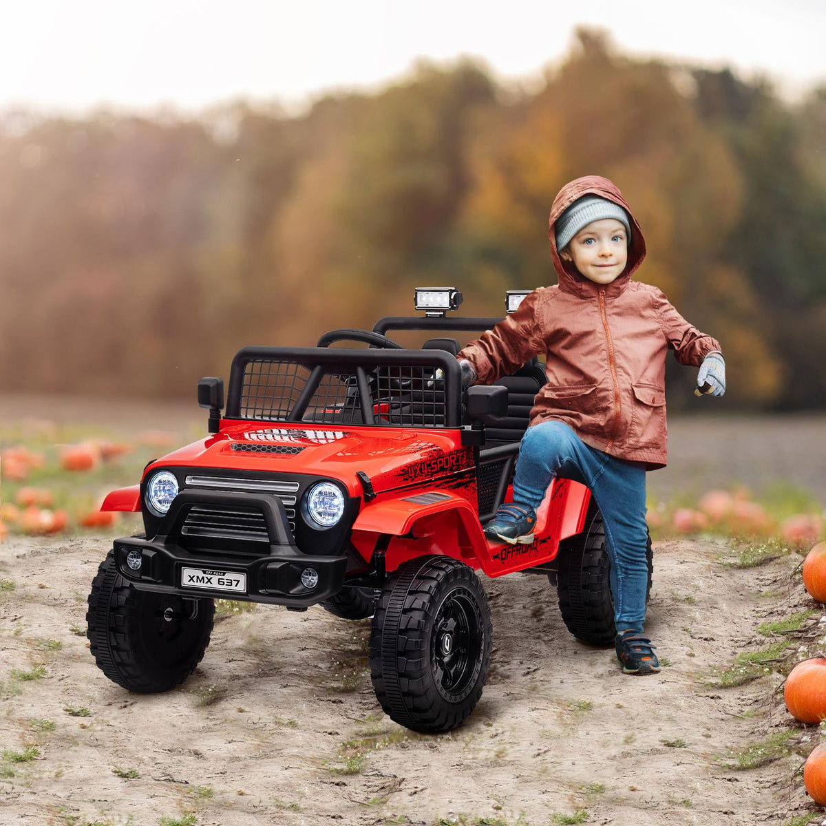 Electric children's car, 12 V 3-5 km/h off-road vehicle with music connection, children's vehicle with 2.4G remote control, headlight, horn, electric children's vehicle for children 3-6 years, red