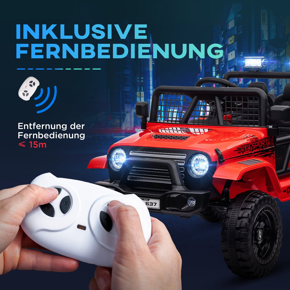 Electric children's car, 12 V 3-5 km/h off-road vehicle with music connection, children's vehicle with 2.4G remote control, headlight, horn, electric children's vehicle for children 3-6 years, red