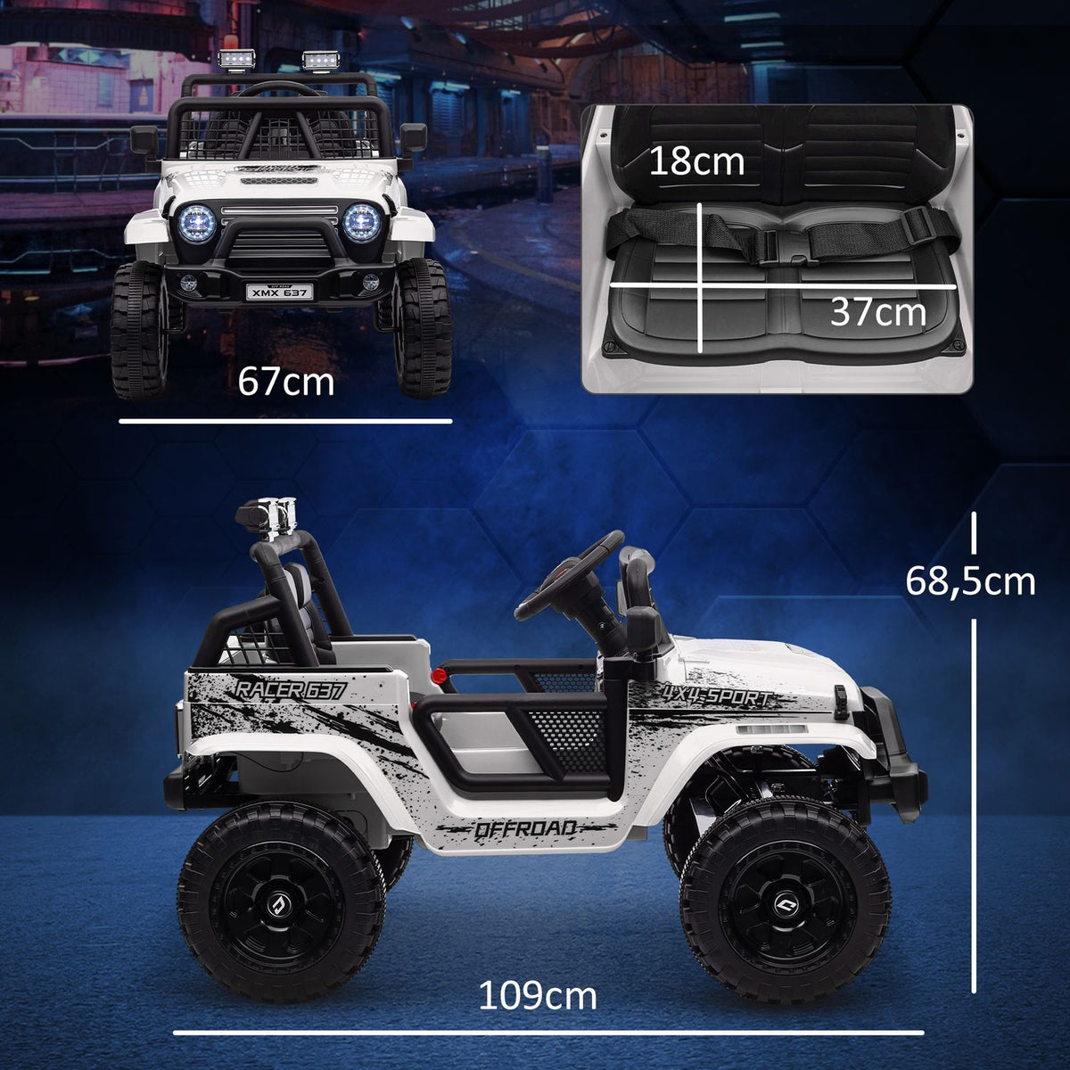 Electric children's car, 12 V 3-5 km/h off-road vehicle with music connection, children's vehicle with 2.4G remote control, headlight, horn, electric children's vehicle for children 3-6 years, white