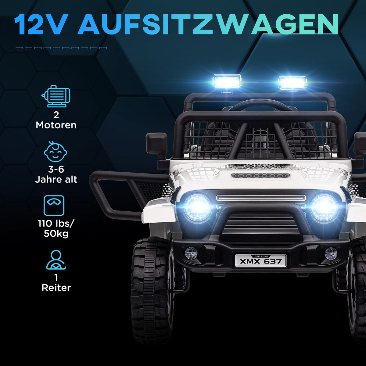 Electric children's car, 12 V 3-5 km/h off-road vehicle with music connection, children's vehicle with 2.4G remote control, headlight, horn, electric children's vehicle for children 3-6 years, white