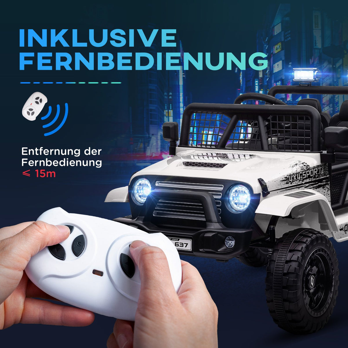 Electric children's car, 12 V 3-5 km/h off-road vehicle with music connection, children's vehicle with 2.4G remote control, headlight, horn, electric children's vehicle for children 3-6 years, white