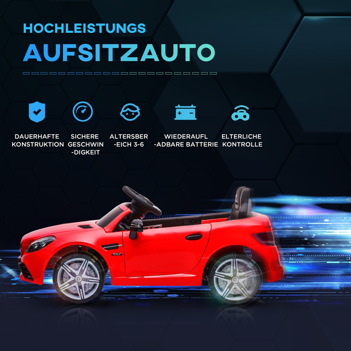 Electric children's car, with 3 speed, remote control, seat belt, music USB, LED headlights, for 3-6 years, load capacity 30 kg, red