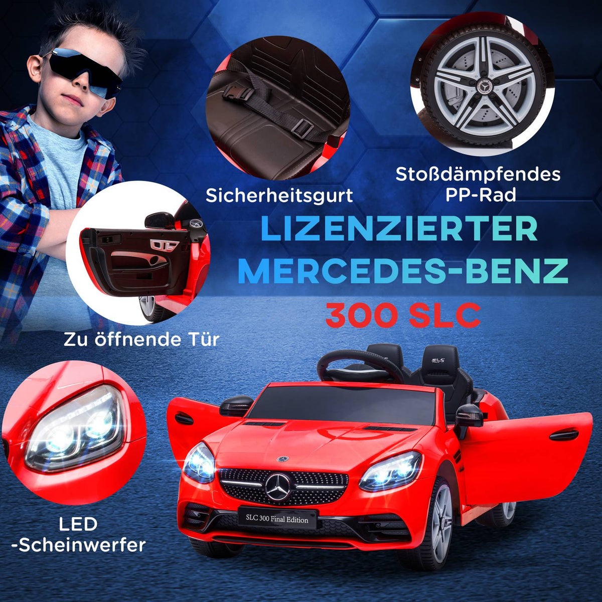Electric children's car, with 3 speed, remote control, seat belt, music USB, LED headlights, for 3-6 years, load capacity 30 kg, red