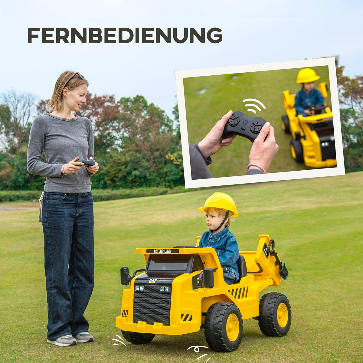 Electric children's excavator, load 30 kg, with remote control, bucket, shovel, speaker, headlight, for 3-7 years, yellow