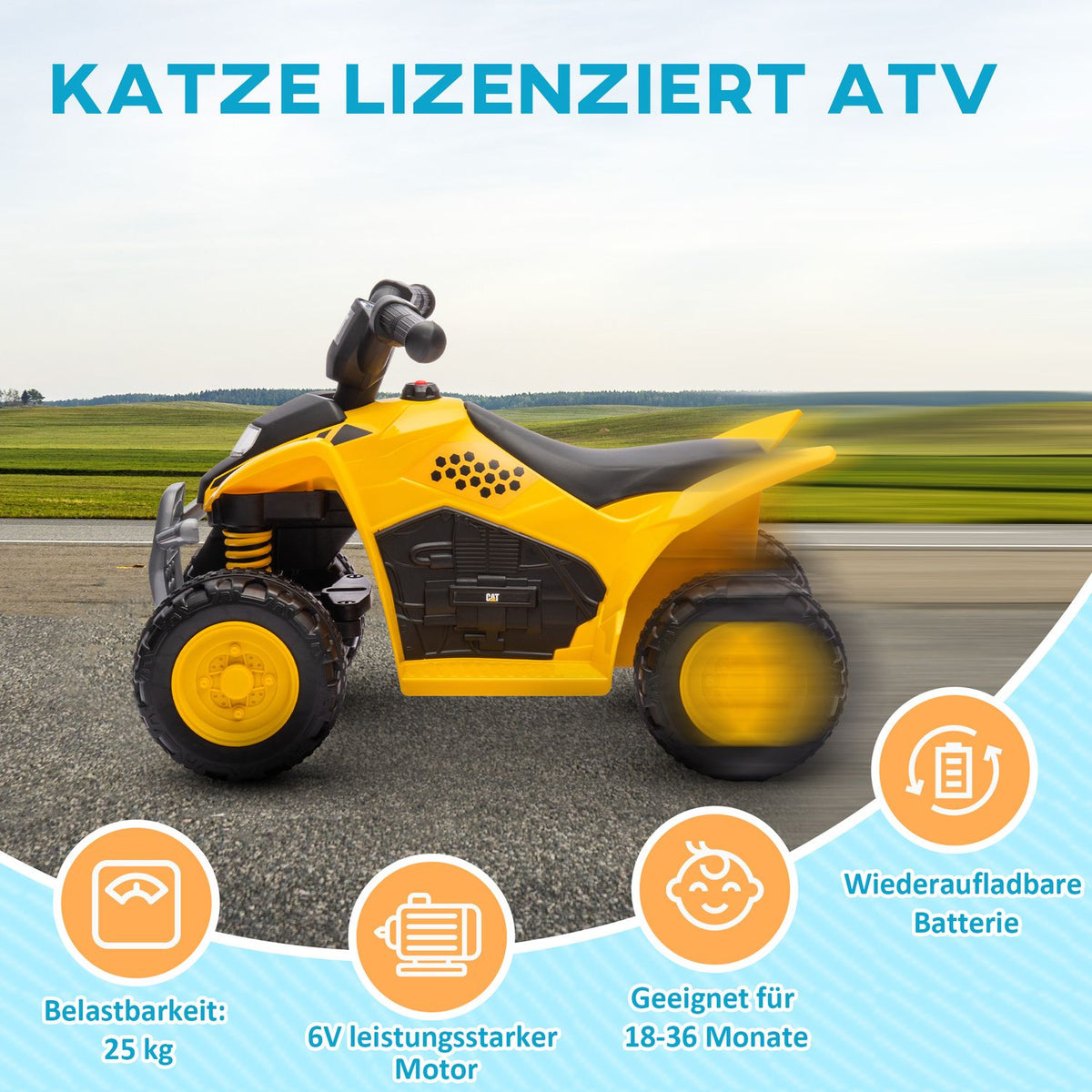 Electric children's quad, 6 V electric quad with horn & headlight, children's car with start button, 2.8 km/h, for 1.5-3 years children, yellow