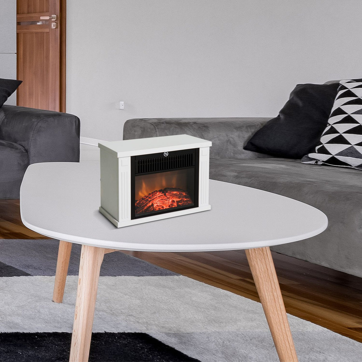 Electric fireplace 1200W standing fireplace with flame effect in white, electric fireplace for a cozy atmosphere
