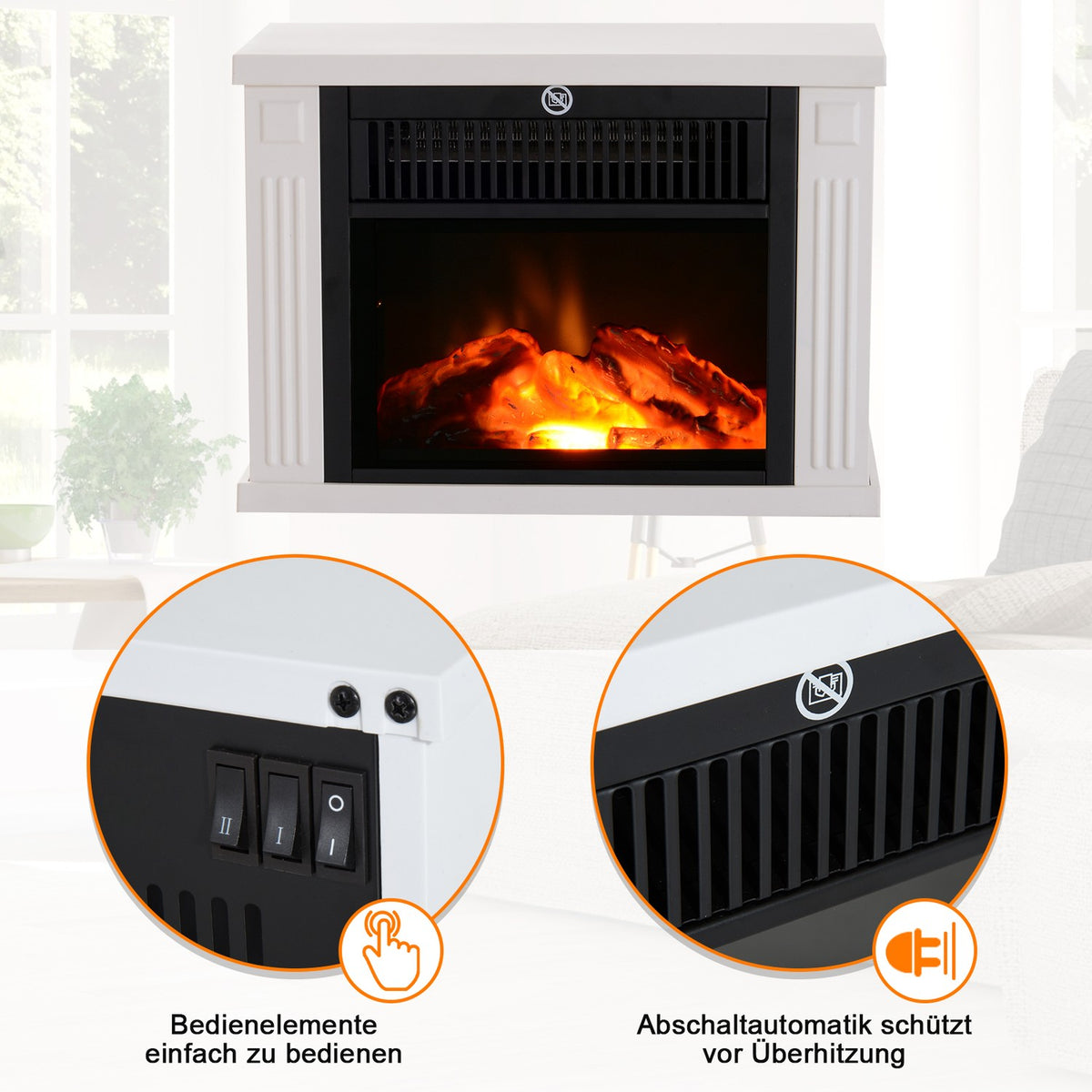 Electric fireplace 1200W standing fireplace with flame effect in white, electric fireplace for a cozy atmosphere