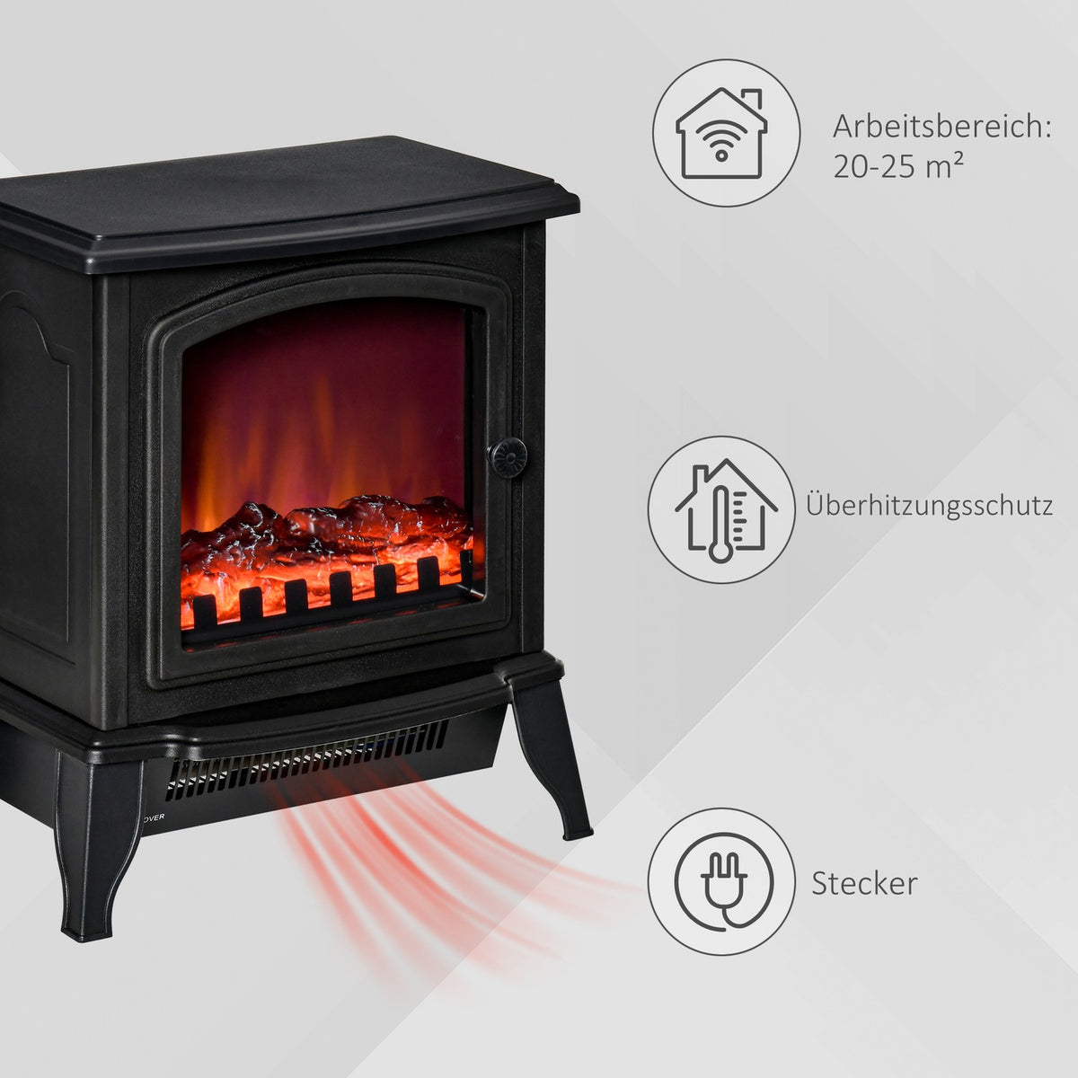 Electric fireplace, freestanding fireplace with LED flame effect, 2000W fireplace with overheating protection for living room, bedroom, metal, black