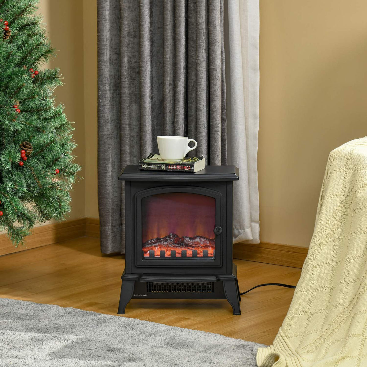Electric fireplace, freestanding fireplace with LED flame effect, 2000W fireplace with overheating protection for living room, bedroom, metal, black