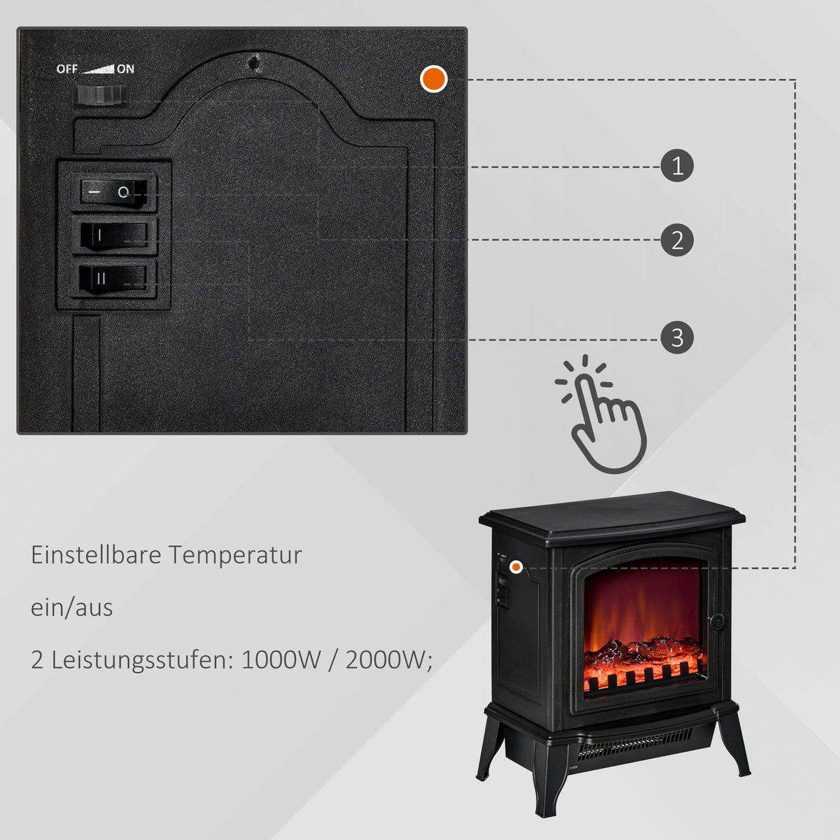 Electric fireplace, freestanding fireplace with LED flame effect, 2000W fireplace with overheating protection for living room, bedroom, metal, black