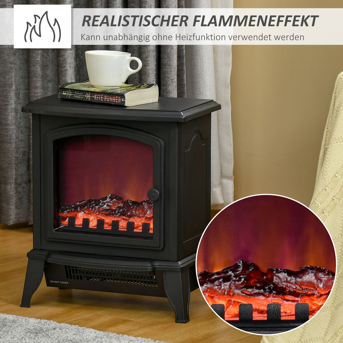 Electric fireplace, freestanding fireplace with LED flame effect, 2000W fireplace with overheating protection for living room, bedroom, metal, black