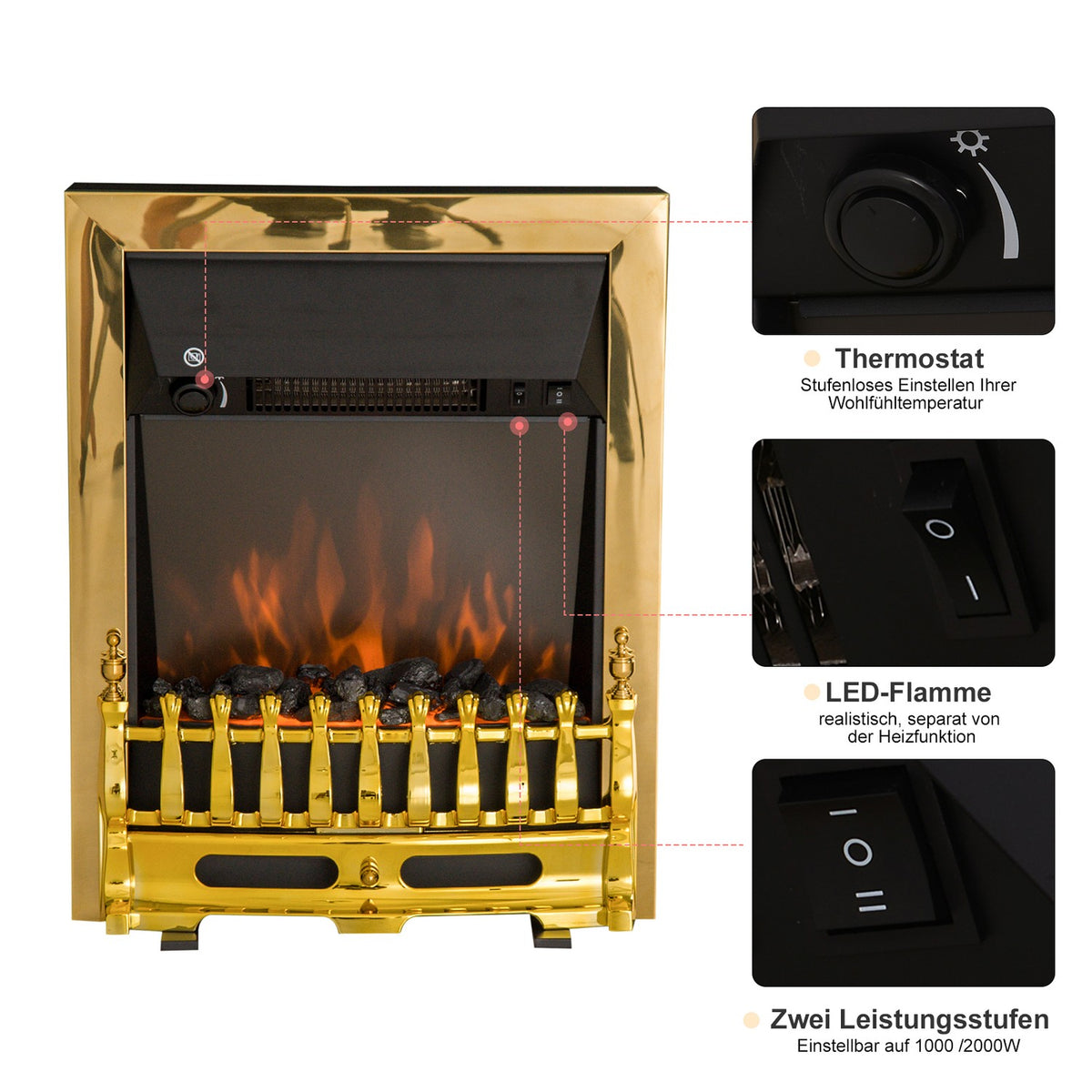 Electric fireplace freestanding fireplace with flame effect 1000/2000W 48.2 x 18.5 x 59.2 cm in gold for cozy evenings