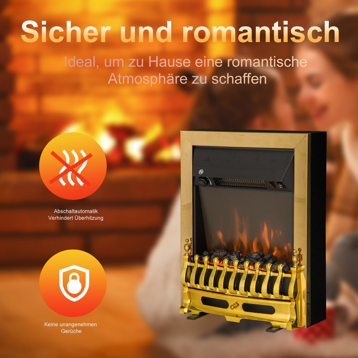 Electric fireplace freestanding fireplace with flame effect 1000/2000W 48.2 x 18.5 x 59.2 cm in gold for cozy evenings