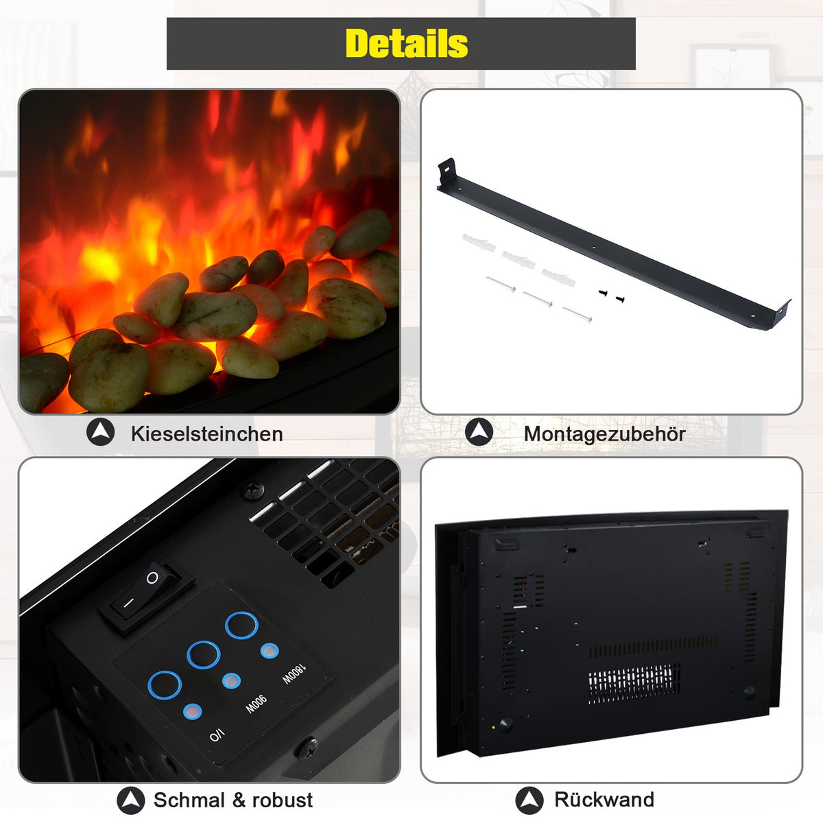 Electric fireplace stove electric with 2 power levels 900/1800 W LED 65 x 11.4 x 52 cm stainless steel black for cozy warmth