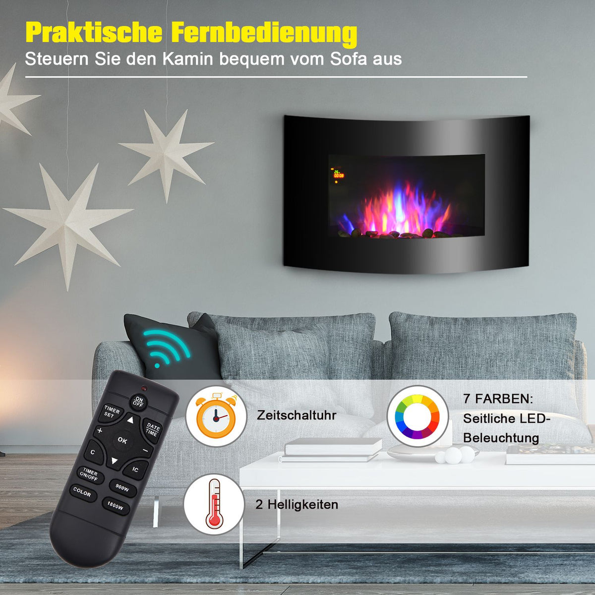 Electric fireplace stove electric with 2 power levels 900/1800 W LED 65 x 11.4 x 52 cm stainless steel black for cozy warmth