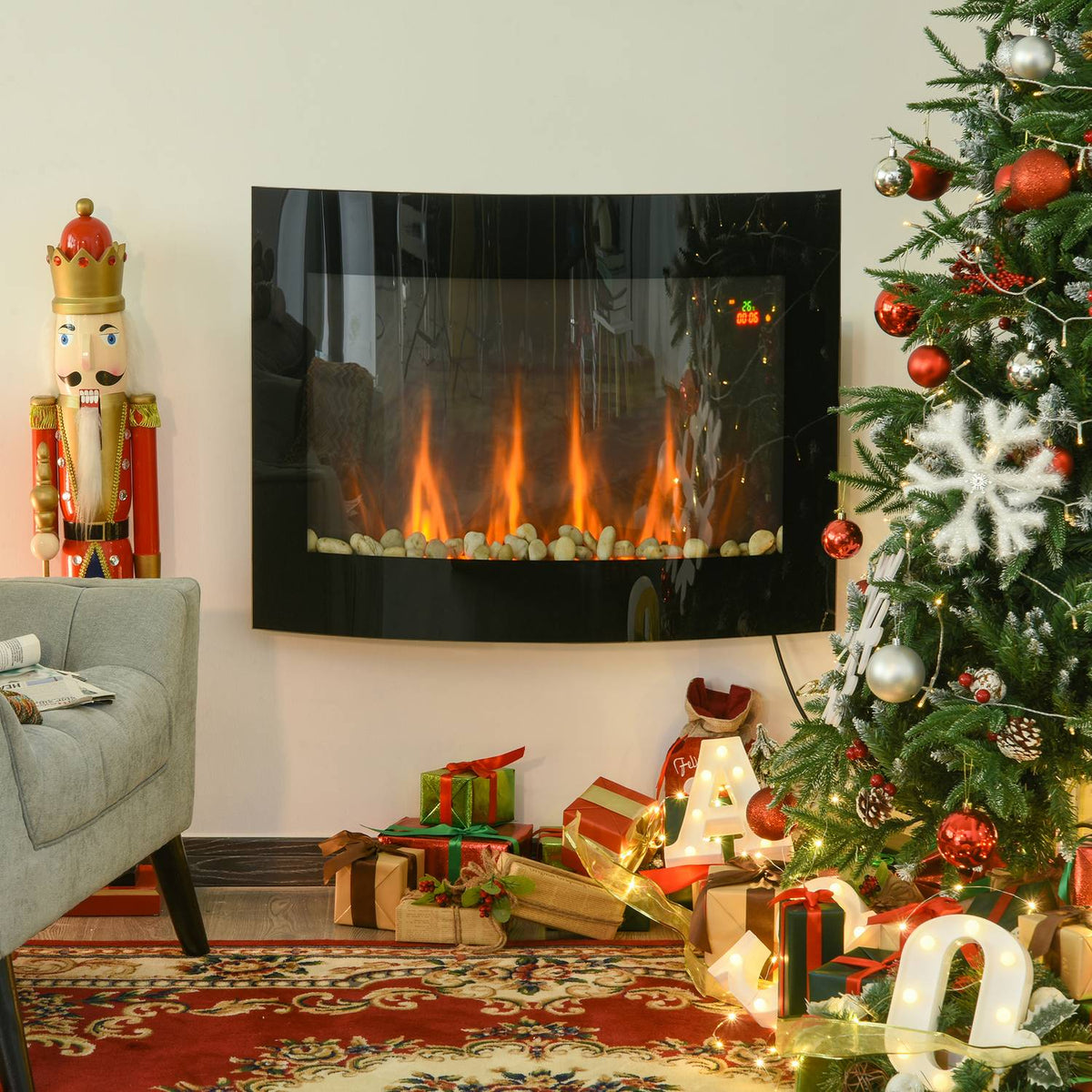 Electric fireplace stove electric with 2 power levels 900/1800 W LED 65 x 11.4 x 52 cm stainless steel black for cozy warmth