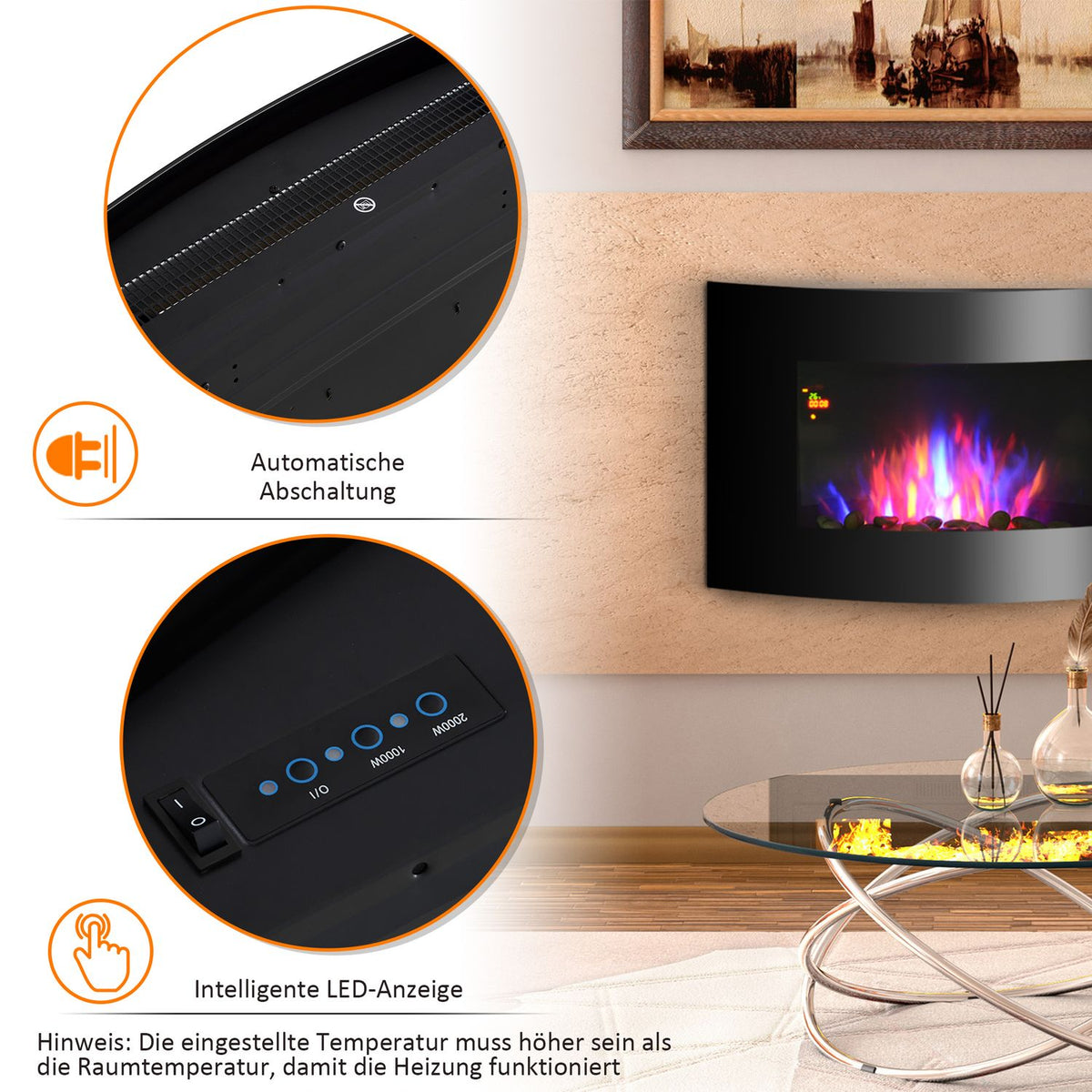 Electric fireplace stove electric with 2 power levels 900/1800 W LED 65 x 11.4 x 52 cm stainless steel black for cozy warmth