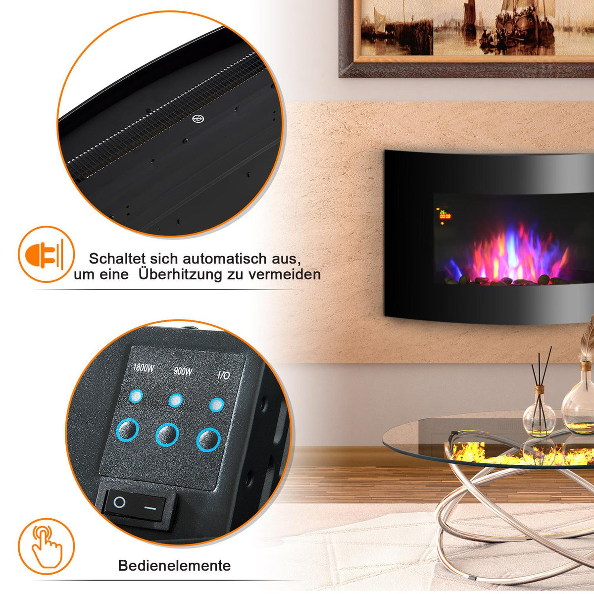 Electric fireplace stove electric with 2 power levels 900/1800 W LED 65 x 11.4 x 52 cm stainless steel black for cozy warmth