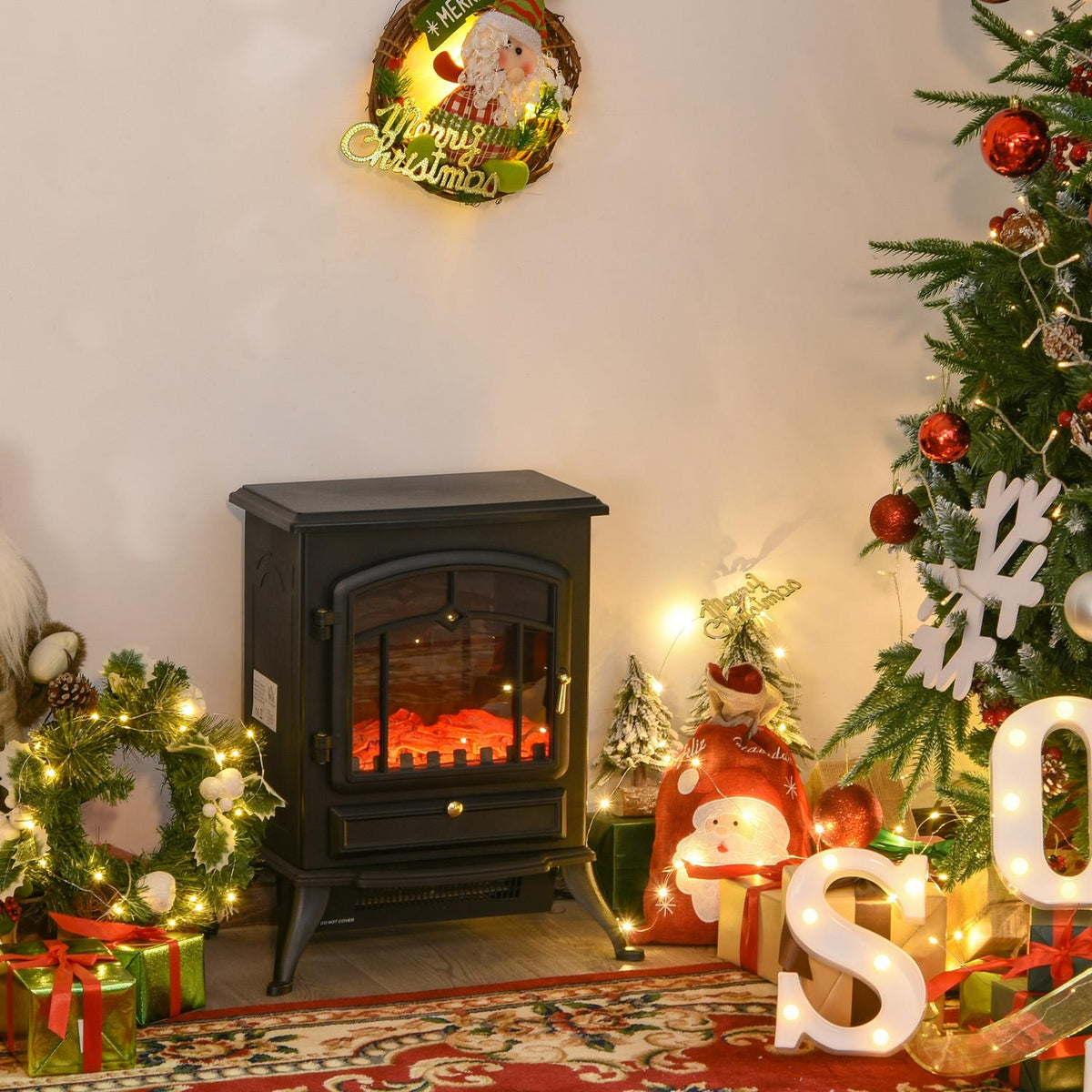 Electric fireplace stove with flame effect 1000/2000W, overheating protection, black, 45x28x54 cm, for a cozy atmosphere