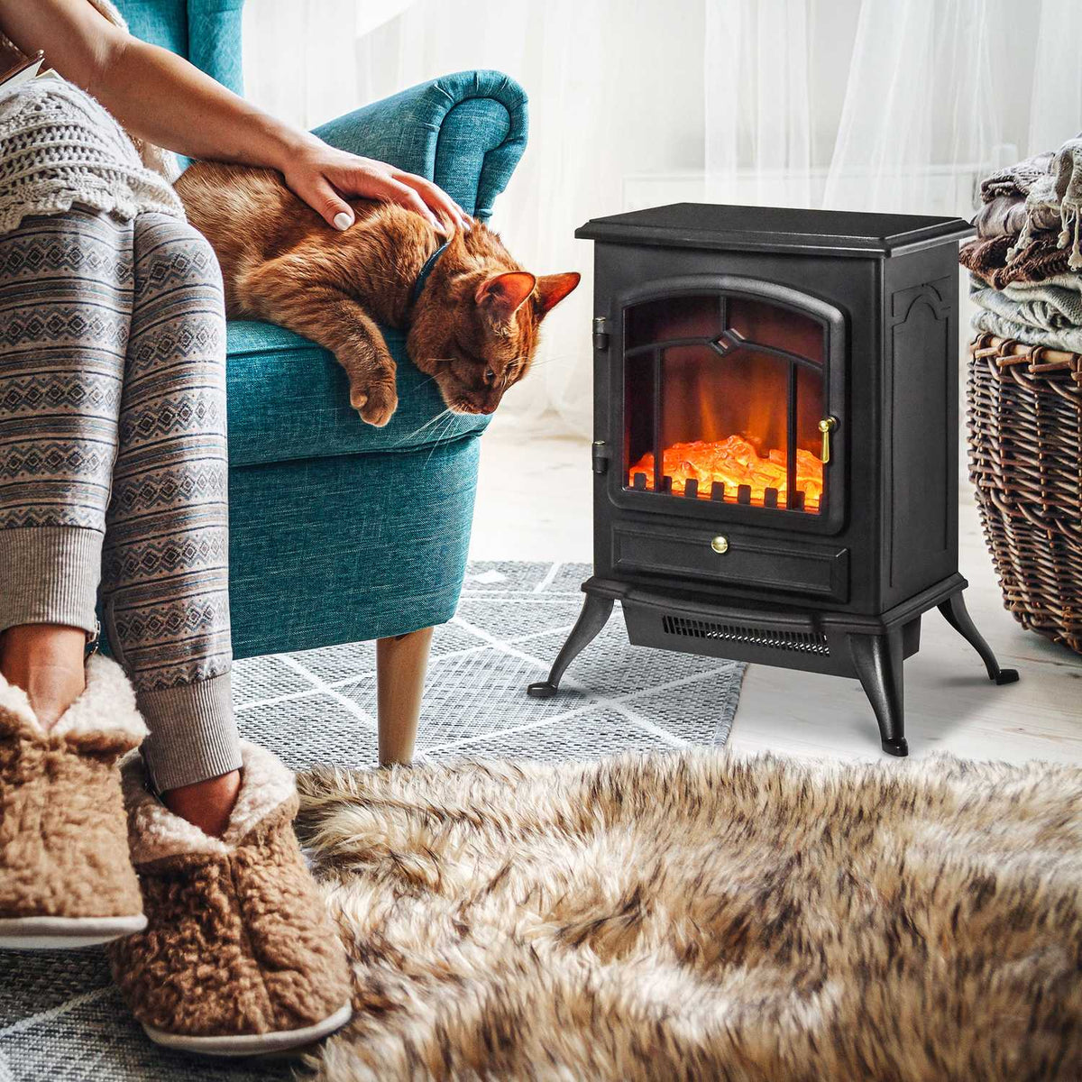 Electric fireplace stove with flame effect 1000/2000W, overheating protection, black, 45x28x54 cm, for a cozy atmosphere