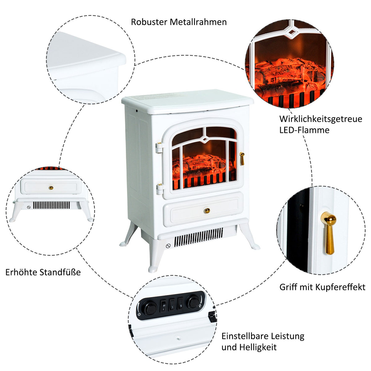 Electric fireplace stove with flame effect 950/1850W overheating protection white 41.5x28x54.8cm for cozy evenings