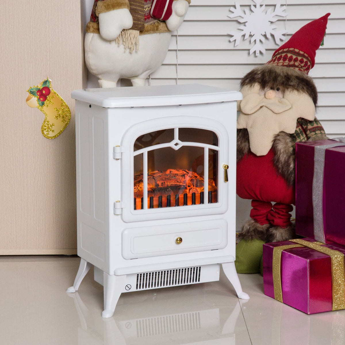 Electric fireplace stove with flame effect 950/1850W overheating protection white 41.5x28x54.8cm for cozy evenings