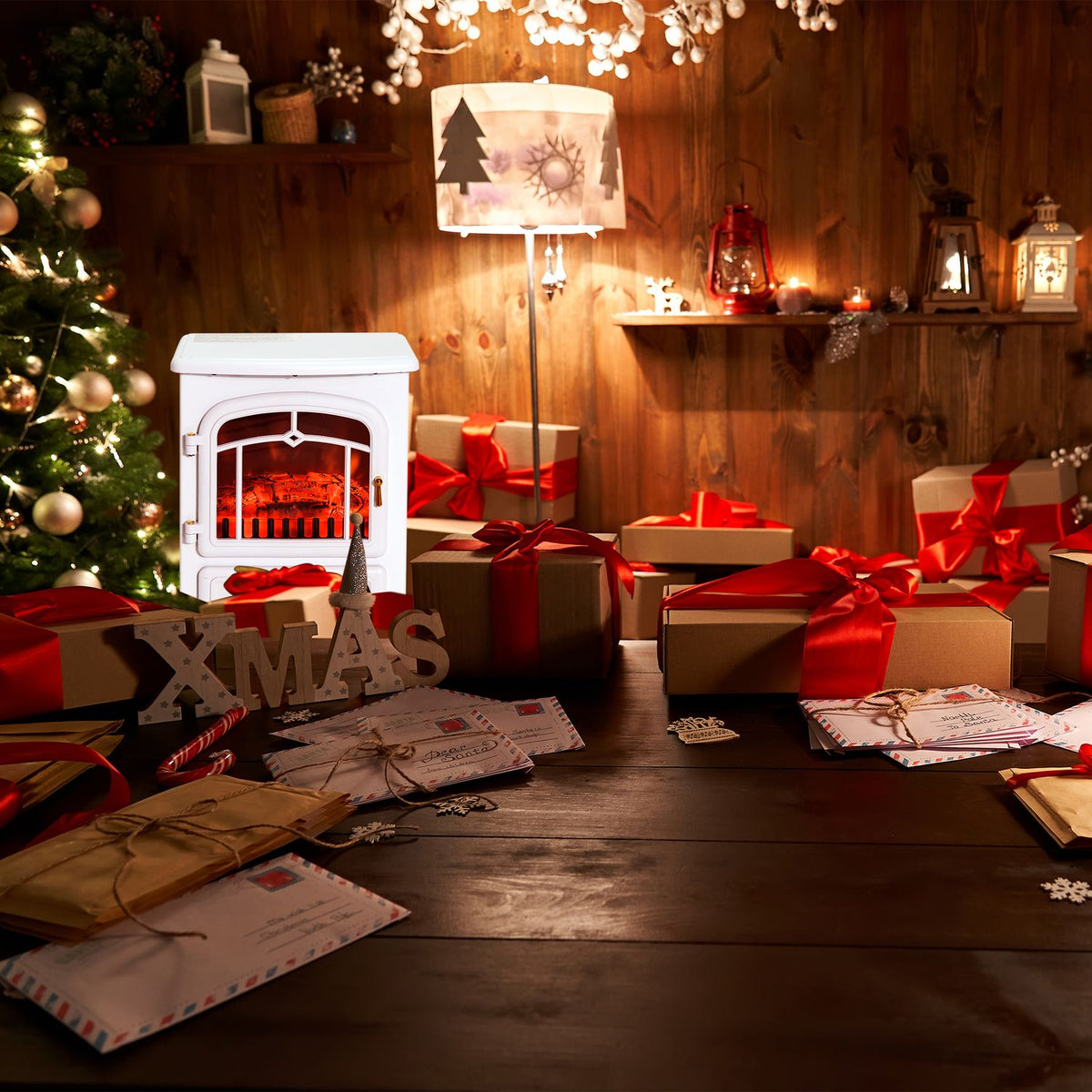 Electric fireplace stove with flame effect 950/1850W overheating protection white 41.5x28x54.8cm for cozy evenings