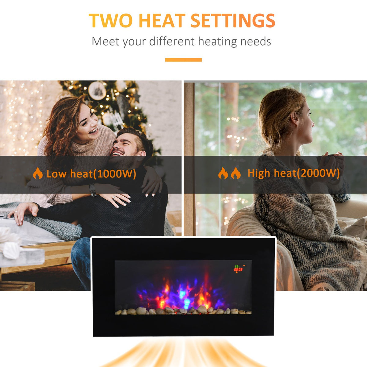 Electric fireplace with LED flame effect, 1000/2000W wall fireplace in 7 colors, electric fireplace with remote control, wall mounting, black