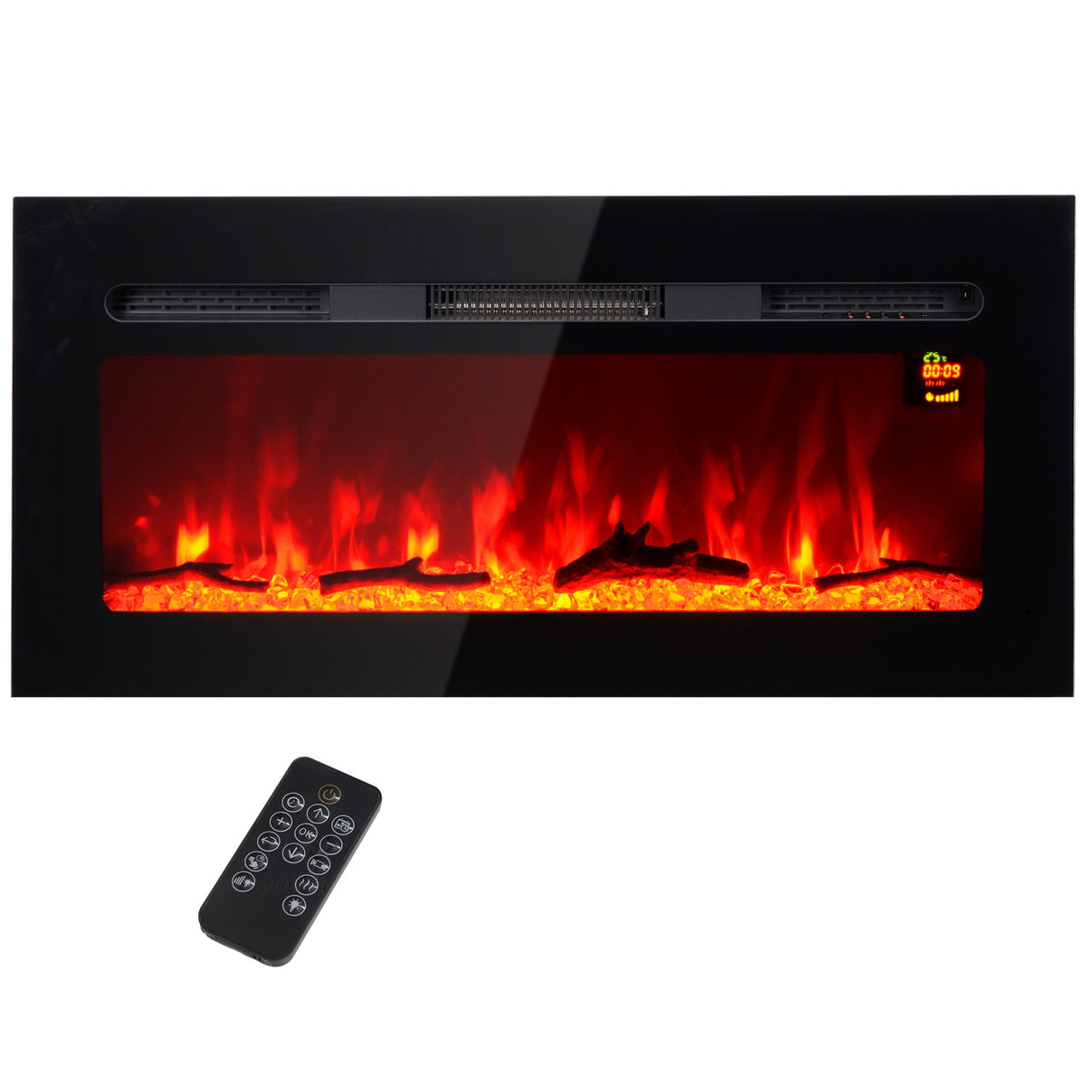Electric fireplace with LED flame effect, 1800 W wall fireplace in 3 colors with 5 brightness levels, electric fireplace with remote control, touch screen, wall mounting, black