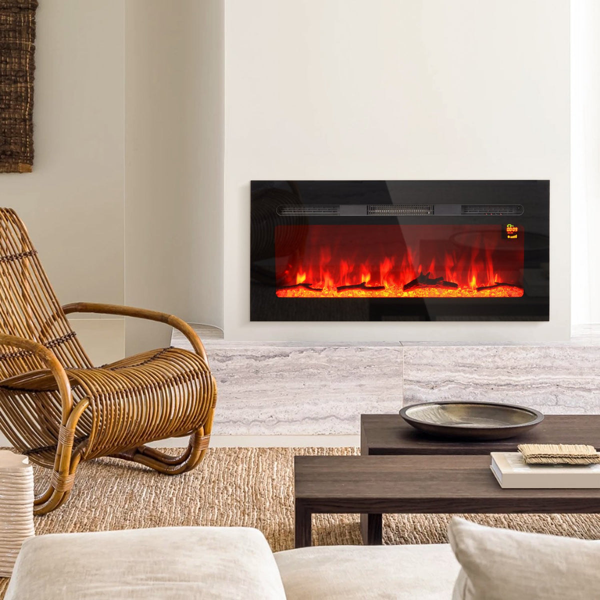 Electric fireplace with LED flame effect, 1800 W wall fireplace in 3 colors with 5 brightness levels, electric fireplace with remote control, touch screen, wall mounting, black