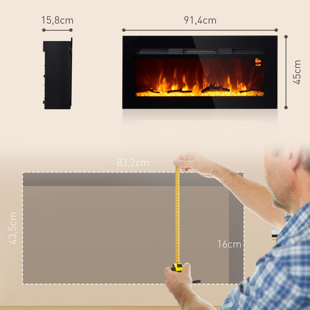 Electric fireplace with LED flame effect, 1800 W wall fireplace in 3 colors with 5 brightness levels, electric fireplace with remote control, touch screen, wall mounting, black