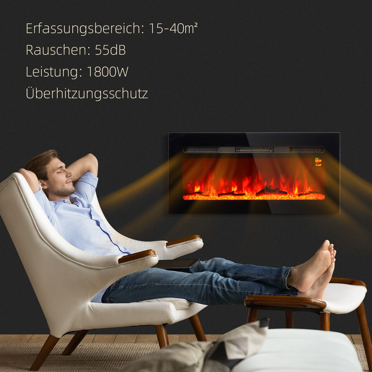 Electric fireplace with LED flame effect, 1800 W wall fireplace in 3 colors with 5 brightness levels, electric fireplace with remote control, touch screen, wall mounting, black