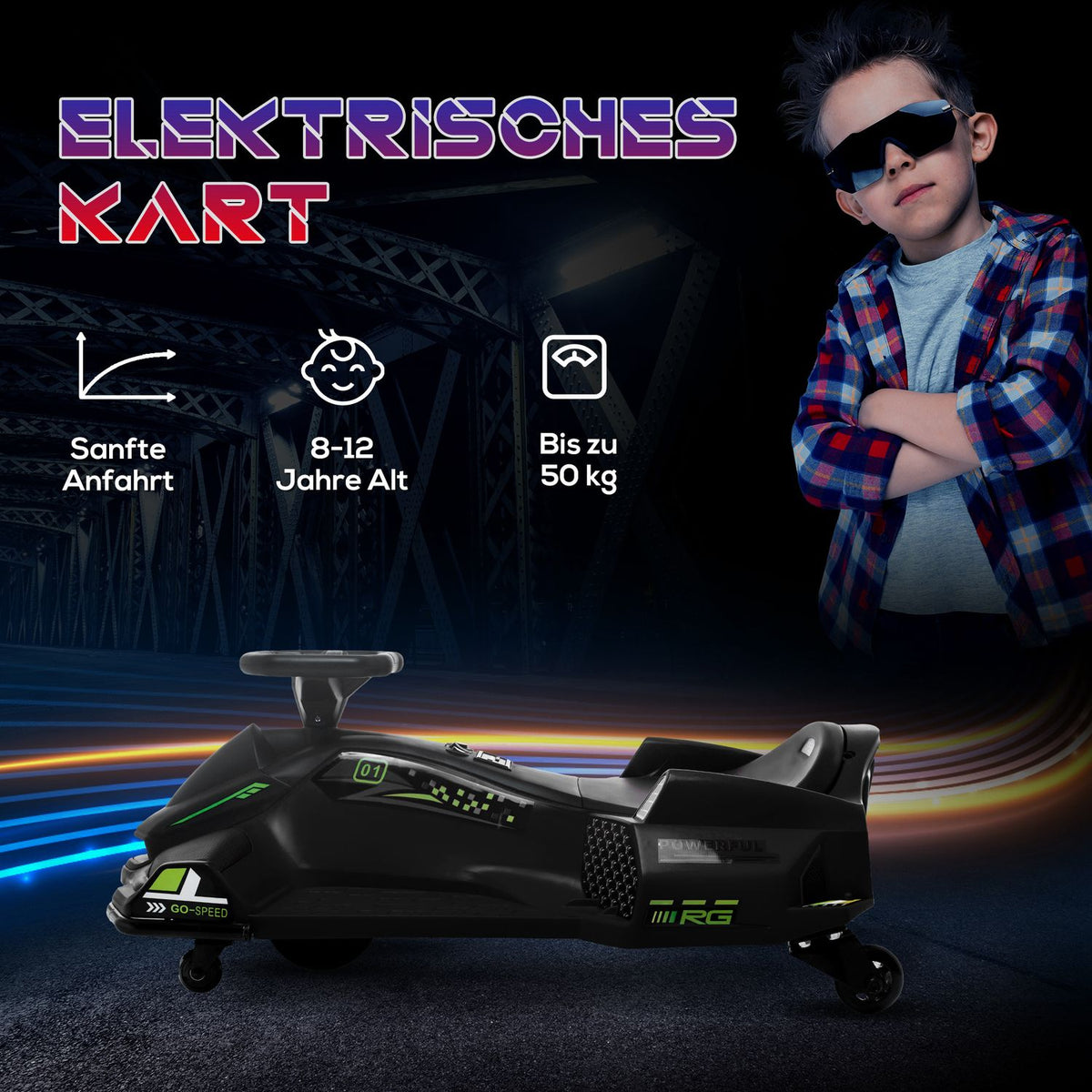 Electric go-kart for children, rubber wheels, 3-8 km/h, with lights and music function, black