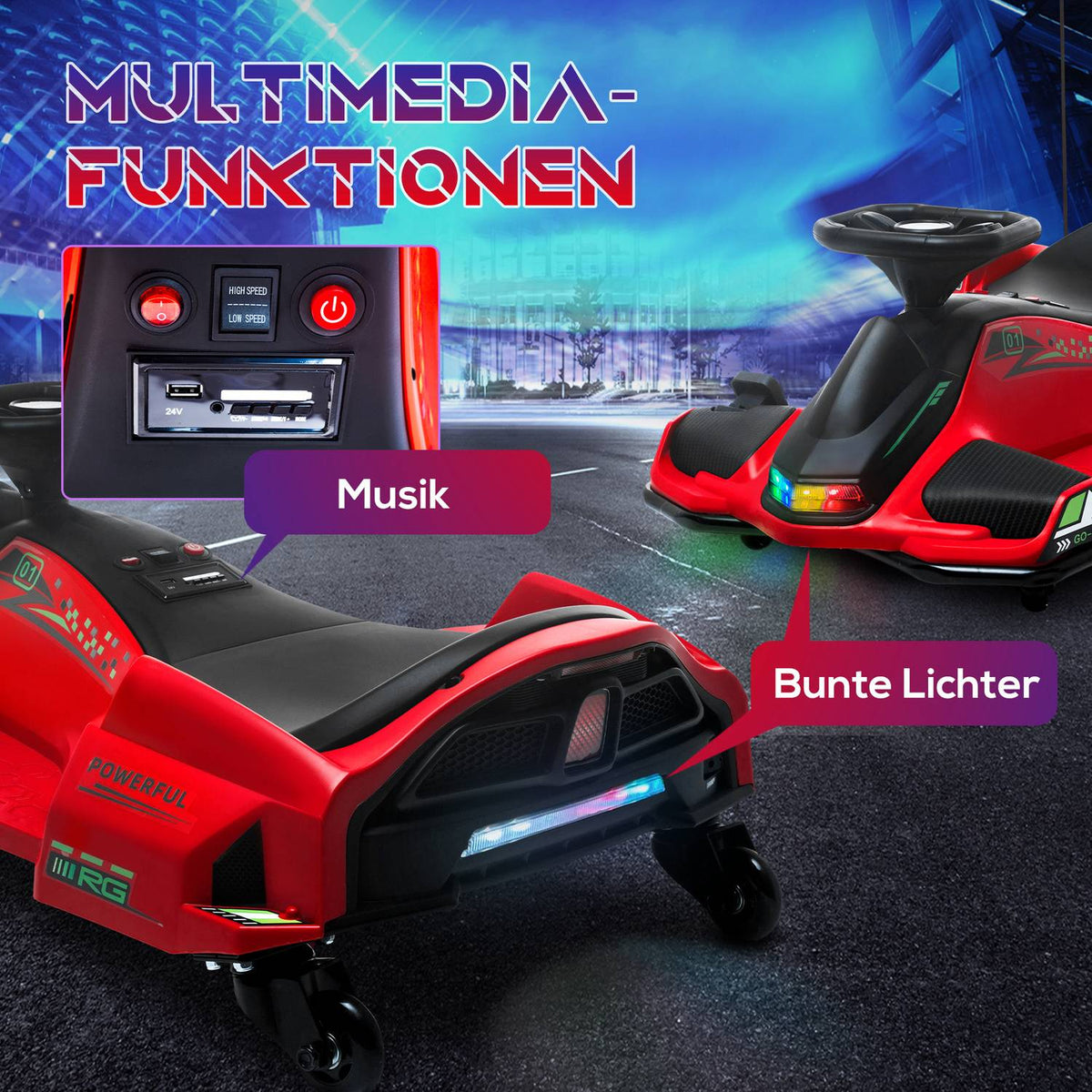 Electric go-kart for children, rubber wheels, 3-8 km/h, with lights and music function, red
