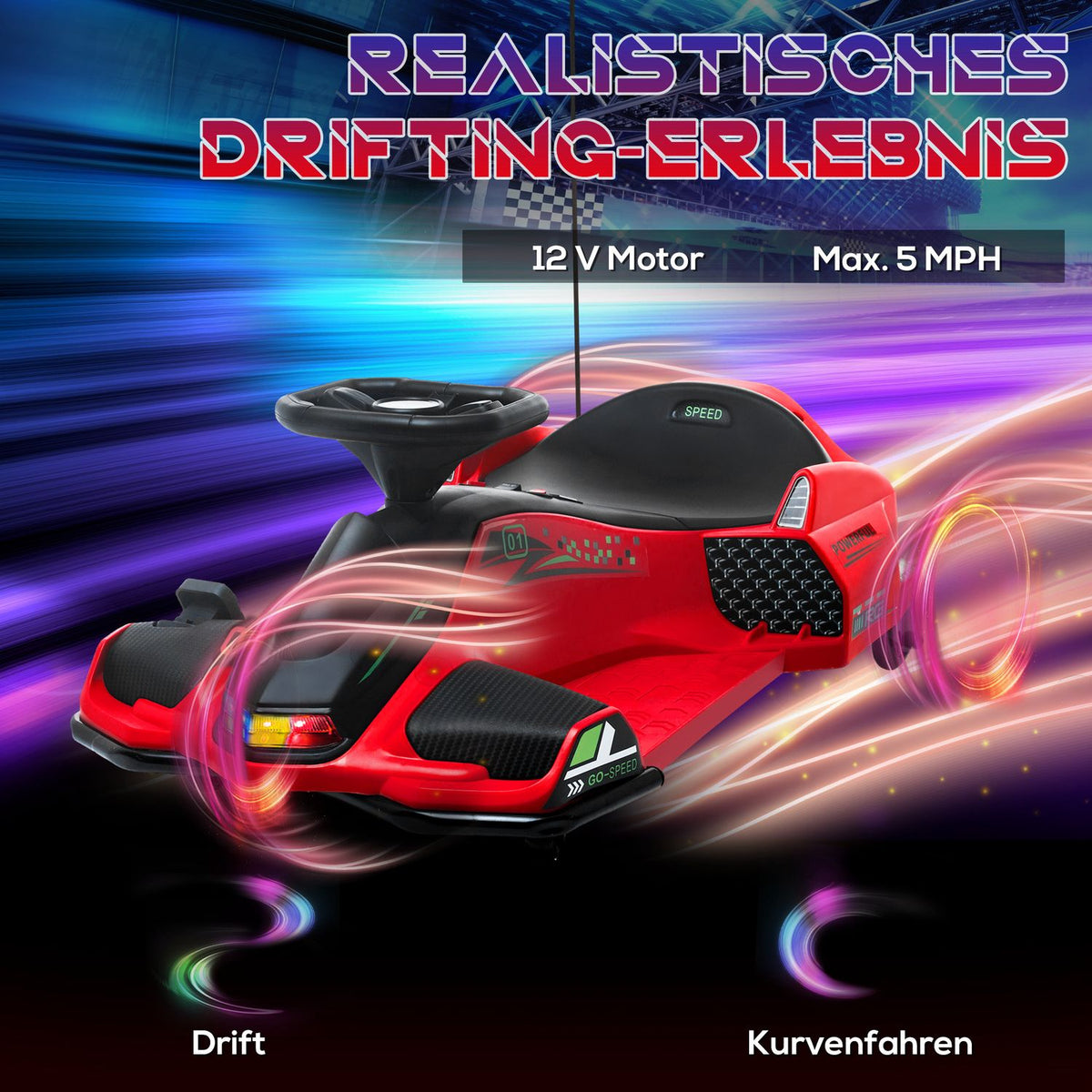 Electric go-kart for children, rubber wheels, 3-8 km/h, with lights and music function, red